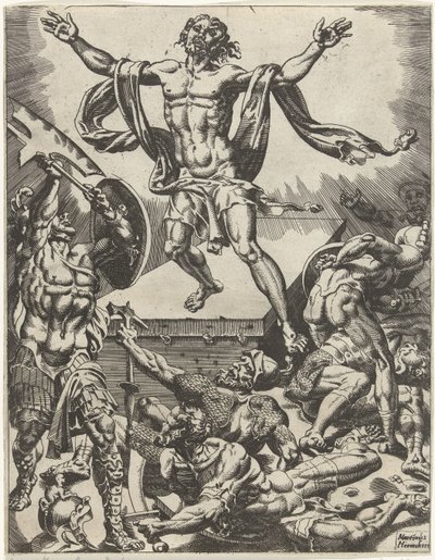 Kristuksen ylösnousemus Ihmiskunnan lankeemus ja lunastus Kristuksen elämän ja kärsimyksen kautta (sarjan nimi) tekijältä Dirck Volckertsz. Coornhert (attributed to)