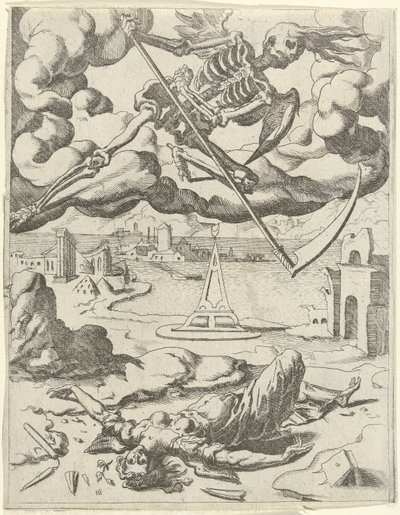 Kuolema voittaa uskon Triumphs of Petrarch (sarjan nimi) tekijältä Dirck Volckertsz. Coornhert (possibly)