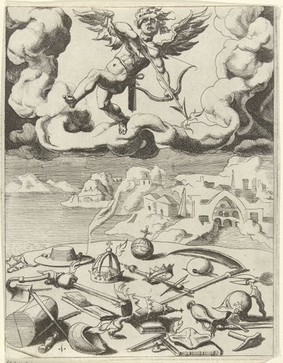 Aistillinen rakkaus voittaa maalliset pyrkimykset Triumphs of Petrarch (sarjan nimi) tekijältä Dirck Volckertsz. Coornhert (possibly)
