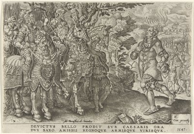 Saksin herttuan antautuminen Mühlbergin taistelukentällä 1547 Kaarle V:n voitot (sarjan nimi) Divi Caroli. v. imp. valita. max. victoriae, ex multis praecipuae (sarjan nimi) tekijältä Dirck Volckertsz. Coornhert