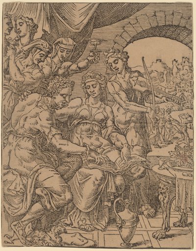 Tuhlaajapoika tuhlaamassa perintöään porttoihin tekijältä Dirck Volckertz Coornhert after Maerten van Heemskerck