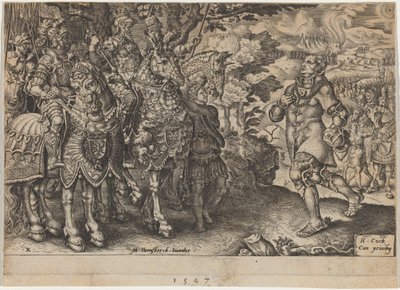 Saksin vaaliruhtinas John Frederickin antautuminen Mühlbergin taistelun jälkeen tekijältä Dirck Volckertz Coornhert, after Maerten van Heemskerck