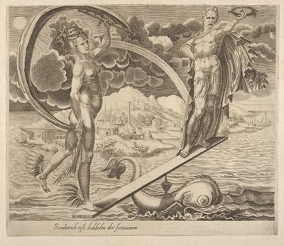 Fortune Käyttää miestä leikkinä kirjasta Six Sayings about Fortune, ca. 1560. tekijältä Dirck Volkertsen Coornhert