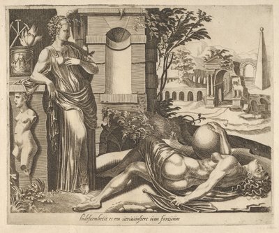 Kärsivällisyys onnen voittajana julkaisusta Six Sayings about Fortune, ca. 1560. tekijältä Dirck Volkertsen Coornhert