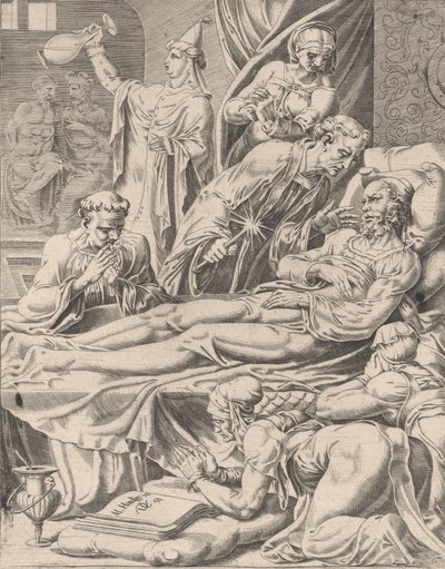 Rikas mies kuolinsängyssä, Vertauksesta Lasaruksesta ja rikkaasta miehestä, levy 2, 1551. tekijältä Dirck Volkertsen Coornhert