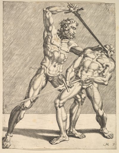 Kaksi miekkailijaa, Fencers, levy 7, 1552 tekijältä Dirck Volkertsen Coornhert
