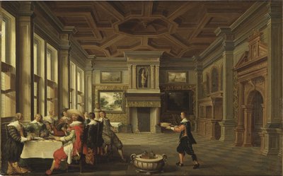 Diner distingue dans un interieur - Distinguished Dinner Company in an Interior, kirjoittanut Delen, Dirck van (n. 1605-1671). Öljy kankaalle tekijältä Dirck van Delen