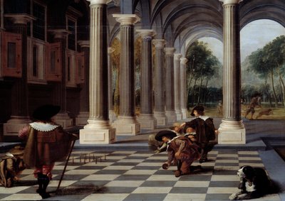 Skitel Players Keilailu shakkilaudalla. Yksityiskohta. Dirck Van Delenin (1605-1671) maalaus tekijältä Dirck van Delen