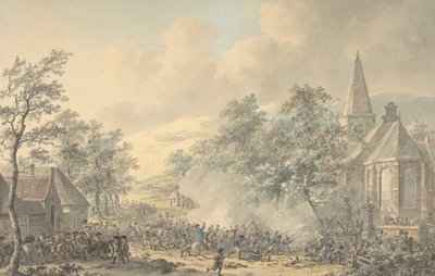 Taistelukohtaus kirkon kanssa oikealla, n. 1790-1800. tekijältä Dirk Langendijk
