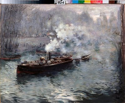 Höyrylaiva - Dmitri Anfimovich Shcherbinovskin (1867-1926) maalaus öljy kankaalle tekijältä Dmitri Anfimovich Shcherbinovsky
