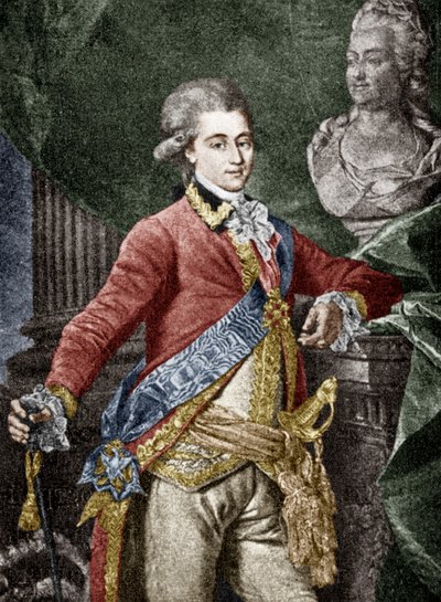 Aleksandr Dmitrijevitš Lanskoi (1758-1784) venäläinen sotilas, Venäjän Katariina II:n rakastaja, kaiverrus väritetty dokumentti tekijältä Dmitri Grigor