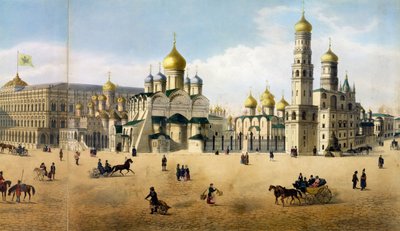 Marian ilmestys- ja arkkienkelin katedraalit Moskovan panoraamakuvasta, kaiverrettu Philippe Benoist 1813-1905 ja Aubrun, julkaissut Lemercier litografia 105099:stä tekijältä Dmitri Indieitzeff