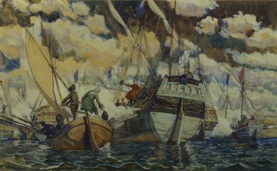 Pietari I ja Lefort. Pietari I:n laivasto Pleshcheyevo-järvellä, 1927 tekijältä Dmitri Nikolayevich Kardovsky