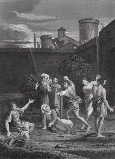 Pyhän Stefanuksen kivittäminen, Apostolien teot, VII luku, jakeet 54, 60 (kaiverrus). tekijältä Domenichino (1581 1641) (after)
