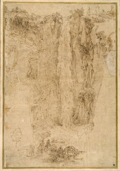 Maisema kaskadilla; jalassa, kaksi miestä, yksi kiinnitettynä (kynä ja ruskea muste paperille) tekijältä Domenichino
