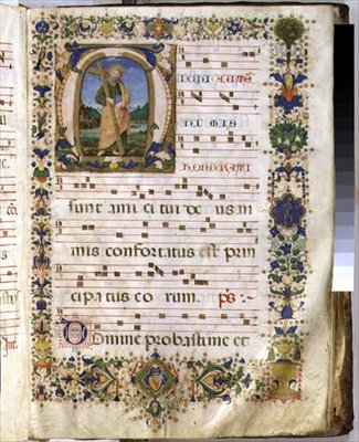 Ms 540 f.3r Sivu, jossa on historiallisella alkukirjaimella "M", joka kuvaa Pyhää Andreasta, kuorokirjasta San Marco e Cenacoli (vellum) tekijältä Domenico Ghirlandaio