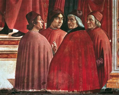 Tarinat Neitsyt Mariasta: Ilmoitus Zacharialle, yksityiskohta Cristoforo Landinosta, Angelo Polizianosta ja Marsilio Ficinosta, n. 1485-1490 (tuore) tekijältä Domenico Ghirlandaio