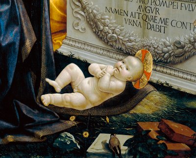 Kristus-lapsi; Paimenten palvontaa kuvaavan maalauksen yksityiskohta tekijältä Domenico Ghirlandaio