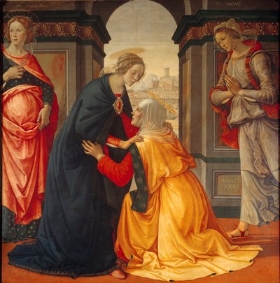 Vierailu: Neitsyt Maria vierailee Elisabethin luona, Marie Jacobien ja Marie Salomen, ristiinnaulitsemisen ja ylösnousemuksen todistajien välillä, Domenico Ghirlandaion (1449-1494) maalaus 1491 tekijältä Domenico Ghirlandaio