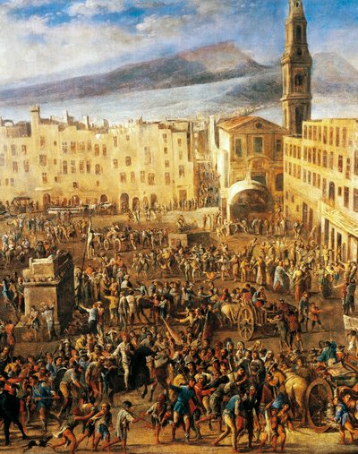 Piazza del Mercato Napolissa, yksityiskohta Masaniellon kapinasta, Domenico Gargiulon, joka tunnetaan nimellä Micco Spadaro (1609 tai 1610 - n. 1675), maalaus. tekijältä Domenico (1612 75) Gargiulo