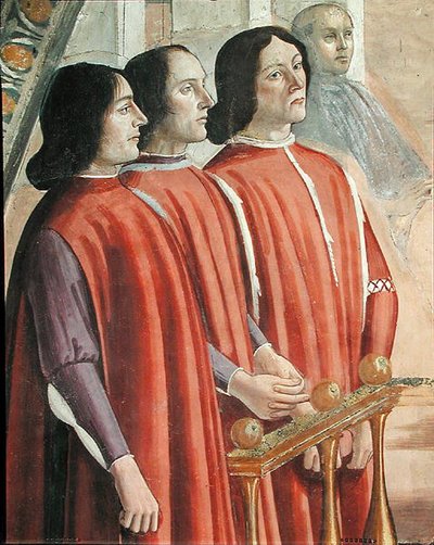 Sassetti-suvun jäseniä kohtauksesta Pyhän Franciscus Assisilaisen elämän jaksosta vuodelta 1486 (85235:n yksityiskohta) tekijältä Domenico Ghirlandaio