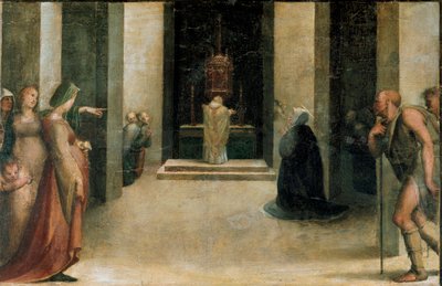 Pyhän Katariinan stigmien alttaritaulu. Yksityiskohta Predellistä: Pyhä Katariina Sienan vastaanottamassa enkelin eukaristian. Domenico Beccafumin (1486-1551) maalaus tekijältä Domenico Beccafumi
