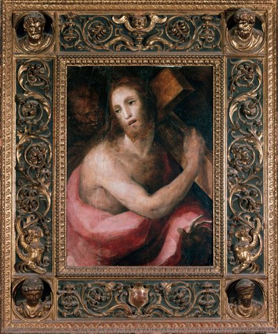 Ecce homo. Kristus kantaa ristiä. Domenico Beccafumin (1486-1551) maalaus, noin 1540. Juoma. Mitat: 75 x 75 cm. Siena (Siena), Metropolitan Operan museo tekijältä Domenico Beccafumi