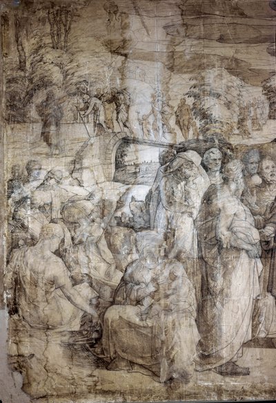 Mooseksen historia Siinain vuorella: Heprealaiset odottavat Mooseksen paluuta. Sienan katedraalin päällysteen valmistelupiirustus. Domenico Beccafumin (1486-1551) maalaus. Italia, Siena, National Pinacotheque. (Siena, Pinacoteca Nazionale) tekijältä Domenico Beccafumi