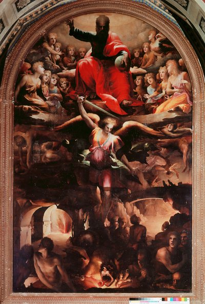 Domenico Beccafumin (1486-1551) maalaus Saint Michael Chasing Rebel Angels 1526-1530 noin. Aurinko. 348x225 cm. Siena, Chiesa di San Niccolo al Carmine tekijältä Domenico Beccafumi