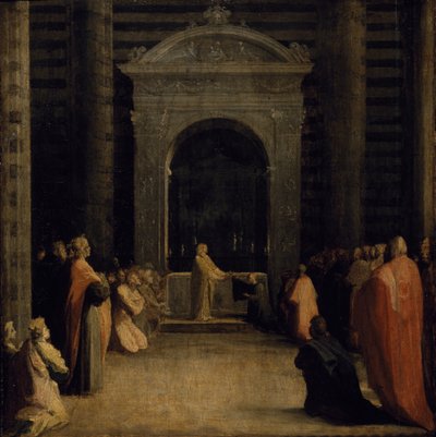 Sienan kaupungin avainten tarjoaminen Neitsyelle vuonna 1526 tai sen jälkeen (öljy paperille puulevylle) tekijältä Domenico Beccafumi