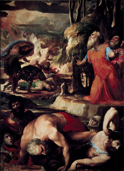 Coren (Kore), Datanin (Datan, Nathan) ja Aboronin (Abiram) rangaistus (Taivaallisen tulen rangaistus, episodi leeviläisten kapinasta Moosesta ja lain auktoriteettia vastaan). Domenico Beccafumin (1486-1551) maalaus tekijältä Domenico Beccafumi