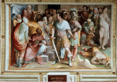 Rikkaan roomalaisen plebeiläisen Spurius Maeliuksen (5. vuosisadalla eKr.) salamurha Domenico di Giacomo di Pace dit Beccafumin (1486-1551) fresko 1529-1535 Siena, julkinen palatsi tekijältä Domenico Beccafumi