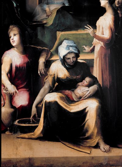 Neitsyen syntymä. Yksityiskohta, jossa piika uusilla vaatteilla. Domenico Beccafumin (1486-1551) maalaus, noin 1540-1543. puu. Mitat: 233 x 145 cm. Italia, Siena, Kansallinen Pinacotheque (Siena, Pinacoteca Nazionale) tekijältä Domenico Beccafumi