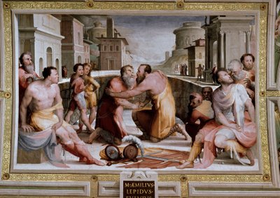 Rooman konsulin Marcus Fulvius Flaccuksen ja Marcus Aemilius Lepiduksen sovittelu noin vuonna 126 eaa. tekijältä Domenico Beccafumi