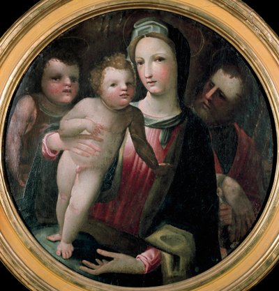 Pyhän perheen Tondo Pyhän Johannes Kastajan lapsen kanssa. Domenico Beccafumille (1486-1551) kuuluva maalaus. Puu. Halkaisija: 60 cm. Siena, Collezione Chigi-Saracini tekijältä Domenico Beccafumi