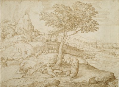 Callistos muuttui karhuksi Arcasin synnyttyä, n. 1558 (kynä ja ruskea muste kermanvärisellä paperilla) tekijältä Domenico Campagnola
