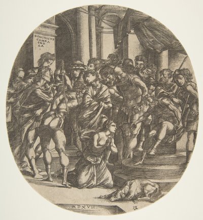 Naishahmo Pyhä Katariina polvistuu maassa keskellä rukoilemassa mieshahmoa..., 1517. tekijältä Domenico Campagnola