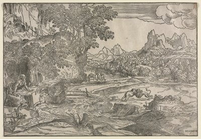 Maisema Pyhän Hieromuksen ja kahden leijonan kanssa, n. 1530-35. tekijältä Domenico Campagnola
