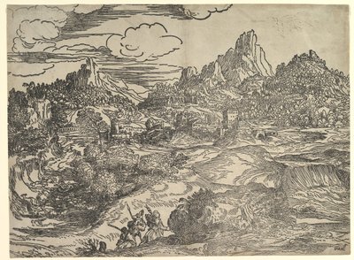 Maisema, jossa perhe kävelee yhdessä etualalla, vasemmalla kaksi hahmoa ..., n. 1535-40. tekijältä Domenico Campagnola
