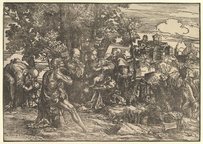 Maria istui puiden alla vauvan kanssa, jota reunustavat Joosef vasemmalla ja Pyhä Hieronymus oikealla, St..., 1517. tekijältä Domenico Campagnola
