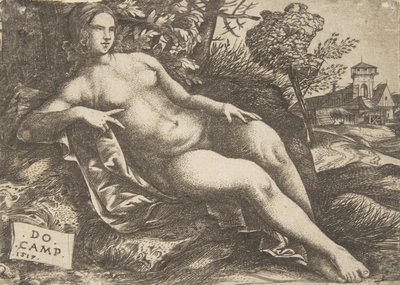 Alaston nainen Venus makuuasennossa maisemassa, 1517. tekijältä Domenico Campagnola