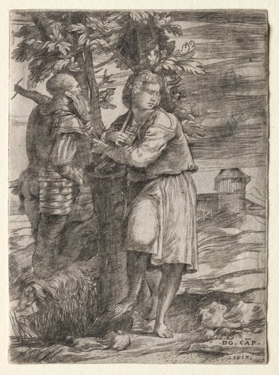 Paimen ja vanha soturi, 1517. tekijältä Domenico Campagnola