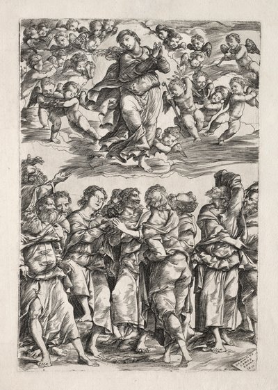 Neitsyt taivaaseenastuminen, 1517. tekijältä Domenico Campagnola