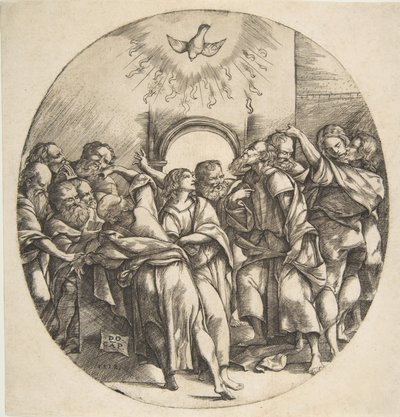 Pyhä Henki kuin lintu, joka laskeutuu levitetyillä siiveillä ylhäällä keskellä, kaksitoista apostolia..., 1518. tekijältä Domenico Campagnola
