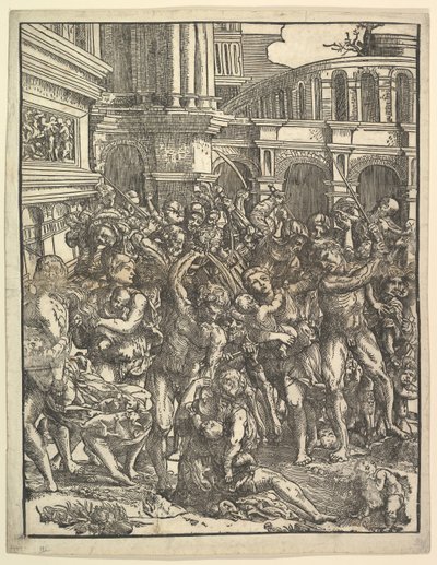 Syyttömien verilöyly oikealla puolella, jossa joukko mieshahmoja hyökkää naisia ja ..., 1517. tekijältä Domenico Campagnola