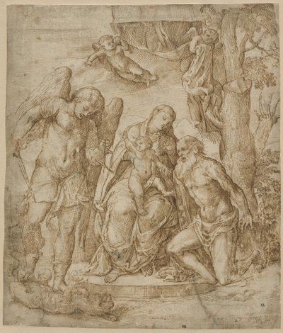 Neitsyt ja lapsi pyhien Mikaelin ja Hieromuksen kanssa, n. 1520-25 tekijältä Domenico Campagnola