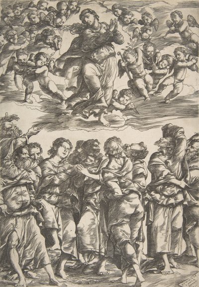 Neitsyt ylhäällä keskellä pilvissä, kädet ristissä ja oikea jalka koholla, ympäröimänä..., 1517. tekijältä Domenico Campagnola