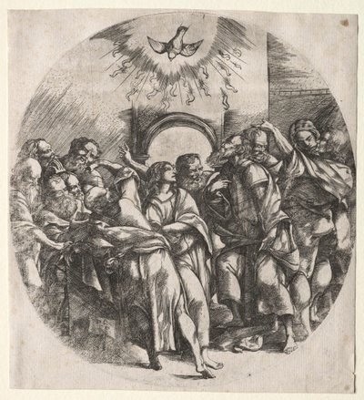 Pyhän hengen laskeutuminen, 1518. tekijältä Domenico Campagnola