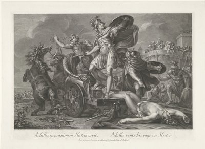 Akhilleus vetää Hektorin ruumista vaunujensa takana Akhilleus in exanimem Hectora saevit / Akhilleus purkaa raivonsa Hectorille (otsikko esineessä) tekijältä Domenico Cunego