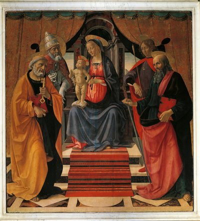 Pyhä keskustelu. Neitsyt Maria ja Jeesus Kristus Pyhän Pietarin, Pyhän Paavalin, Pyhän Sebastianin ja paavi Pyhän Klemensin ympäröimänä (maalaus tekijältä Domenico Ghirlandaio